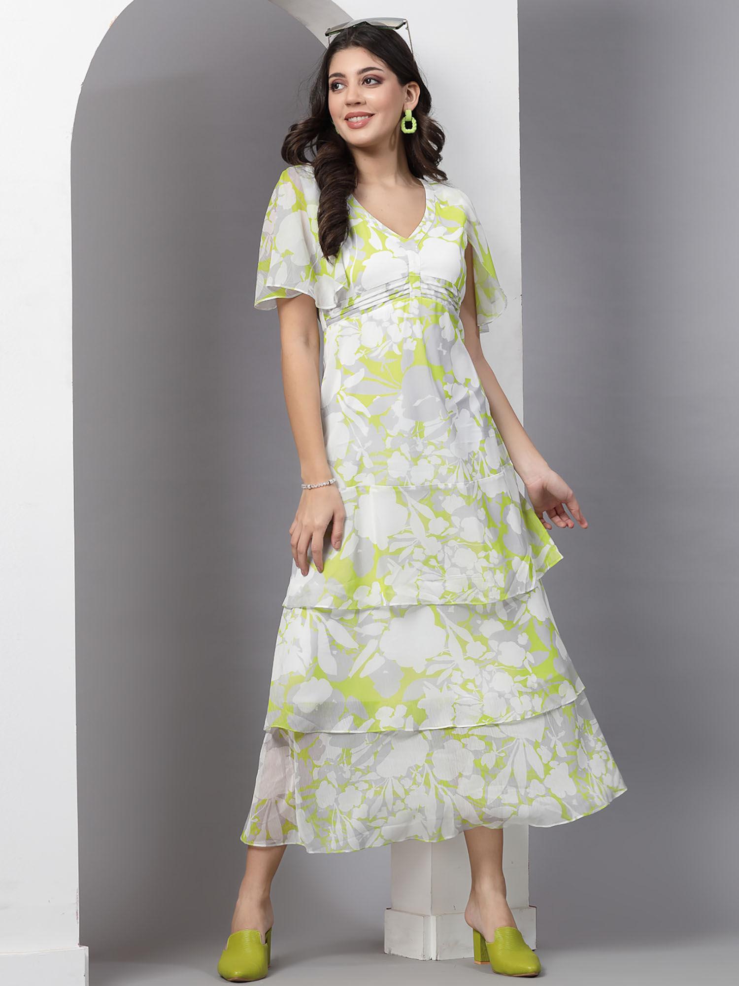 lime floral printed layered panel hem maxi dress