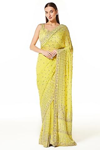 lime georgette hand embroidered saree set
