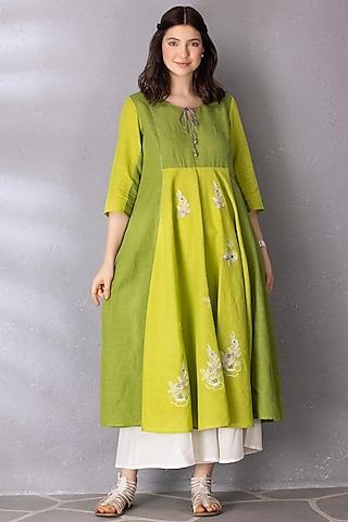 lime green & moss cotton linen embroidered anarkali set