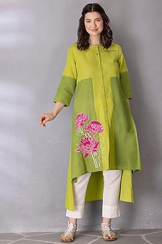 lime green & moss cotton linen embroidered high-low tunic set