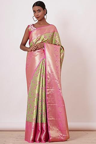lime green & pink dharmavaram silk saree set