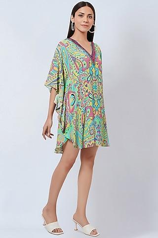 lime green & pink georgette embroidered & printed tunic