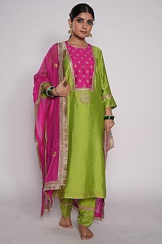 lime green & rani pink embroidered kurta set