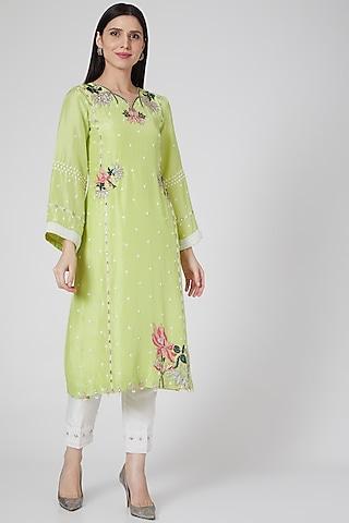 lime green & white embroidered kurta set