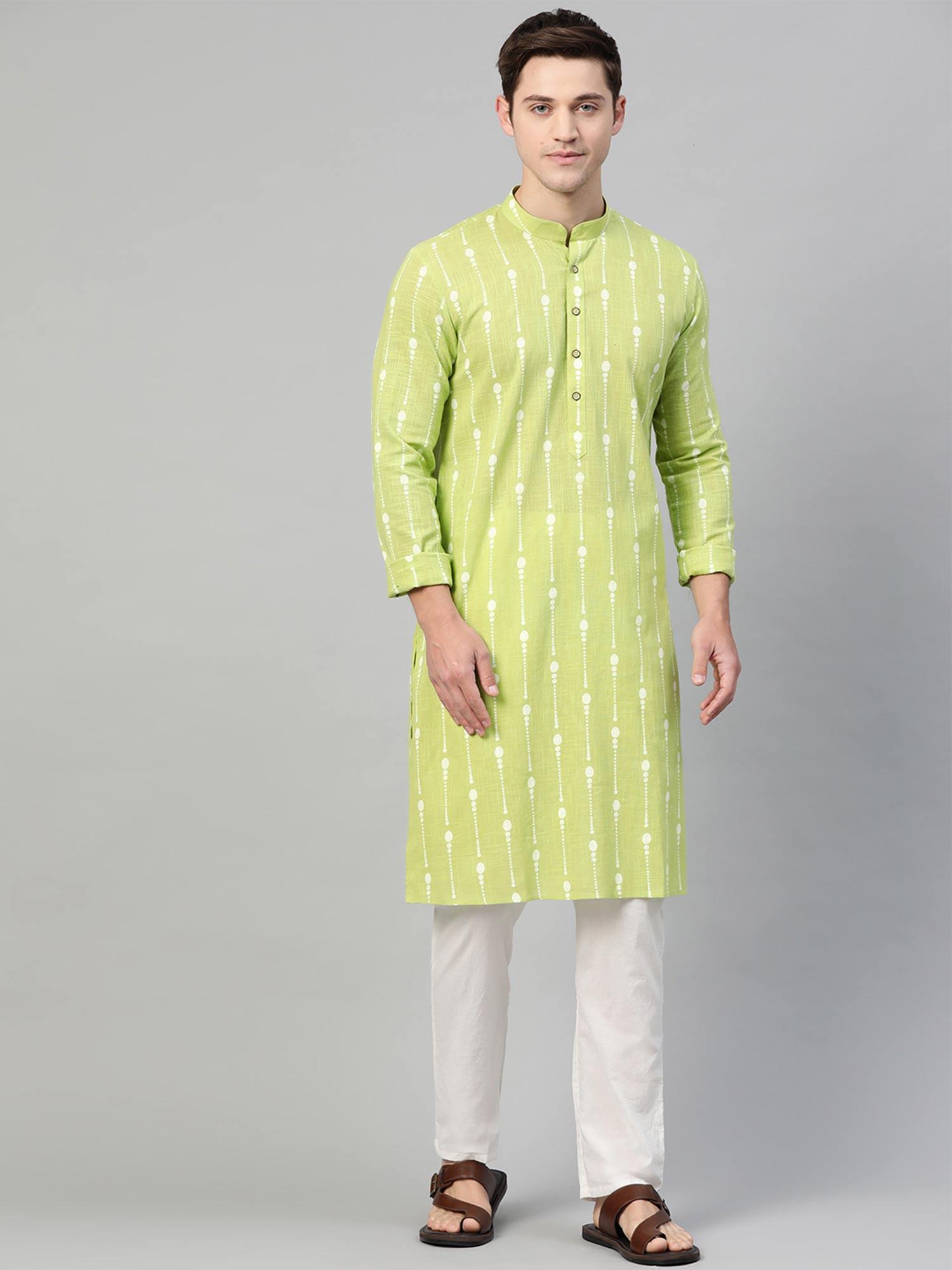 lime green & white printed straight kurta with pyjama (set of 2)