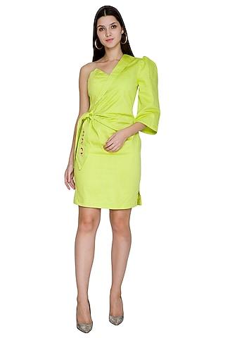 lime green asymmetrical embroidered dress