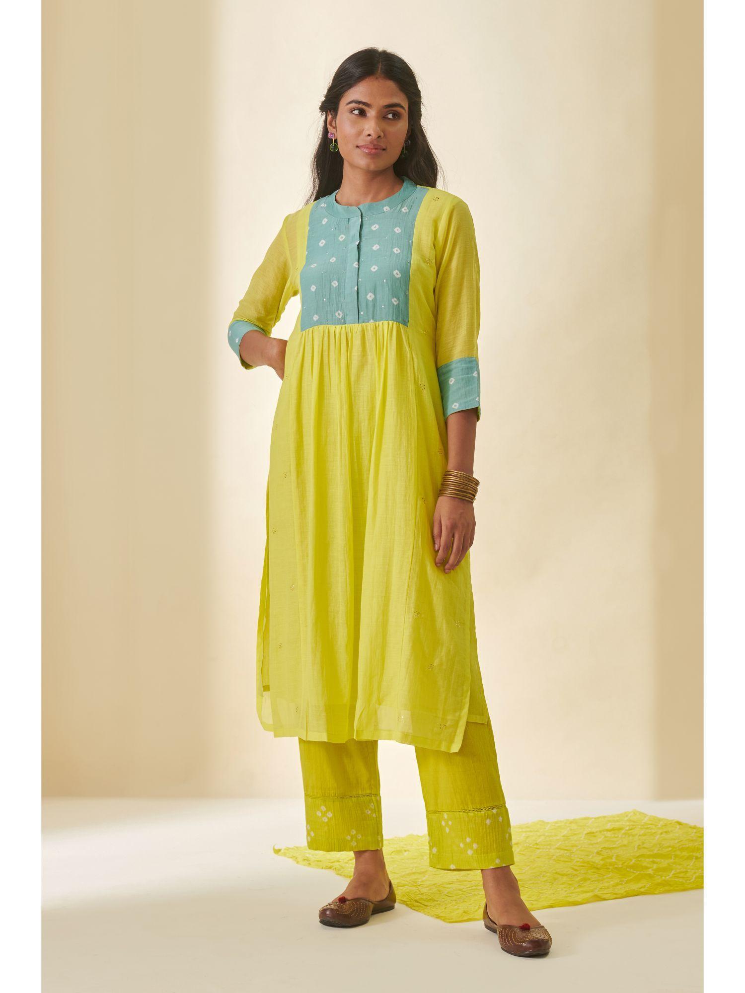 lime green bandhani color block kurta