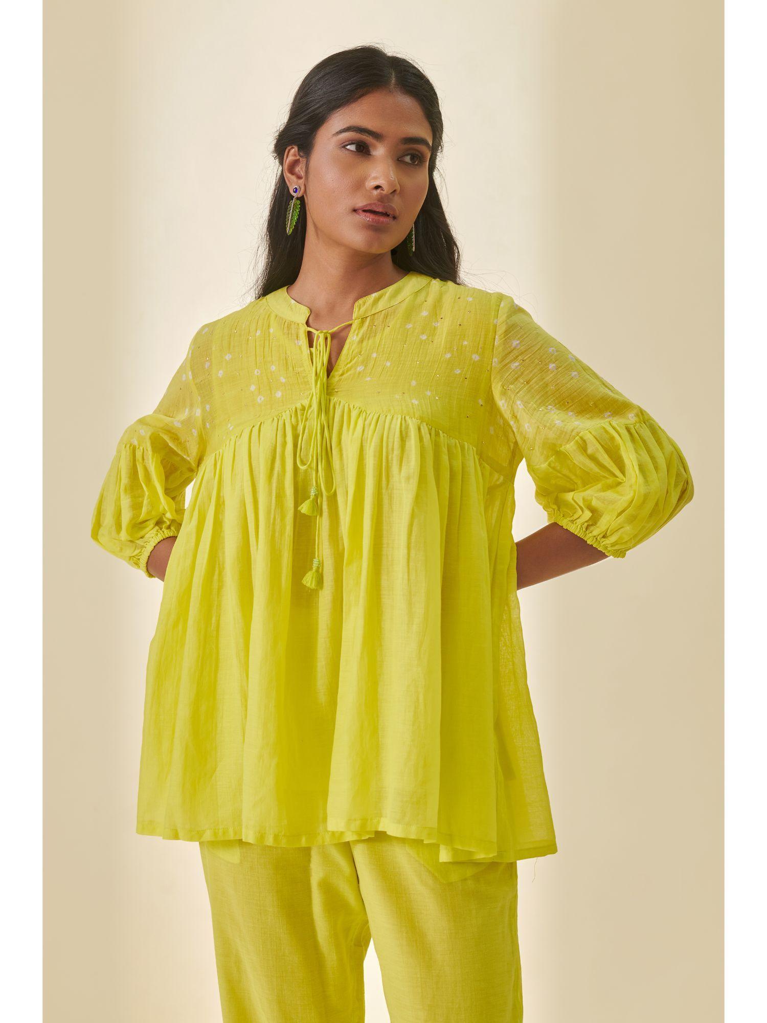 lime green bandhani gathered tunic