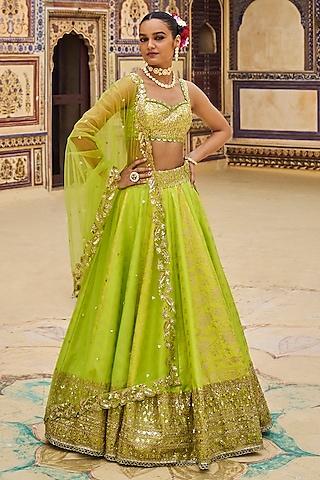 lime green brocade & crepe thread embroidered lehenga set