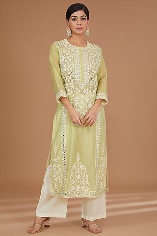 lime green chanderi & cotton aari embroidered kurta set