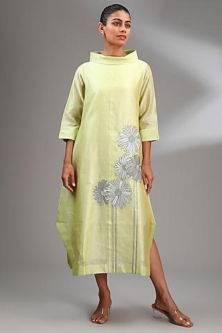 lime green chanderi embroidered midi a-line dress