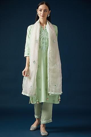 lime green chanderi hand embroidered kurta set