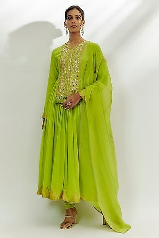 lime green chanderi marodi work anarkali set