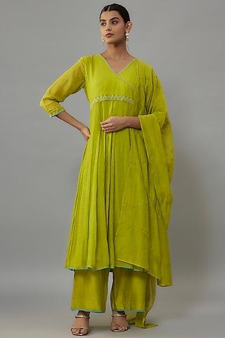 lime green chanderi resham hand embroidered anarkali set