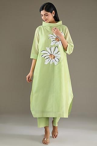 lime green chanderi sequins hand embroidered tunic set