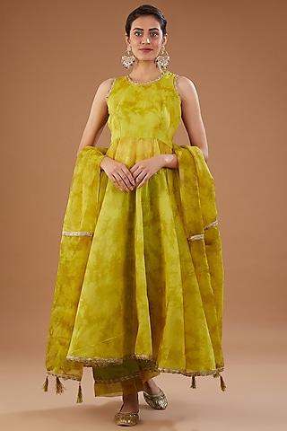 lime green chanderi shibori printed anarkali set