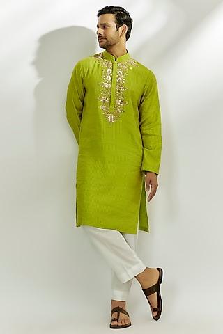 lime green chanderi tissue silk zardosi & thread embroidered kurta