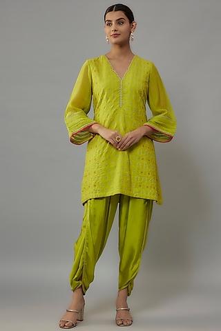lime green chanderi zari & resham hand embroidered kurta set