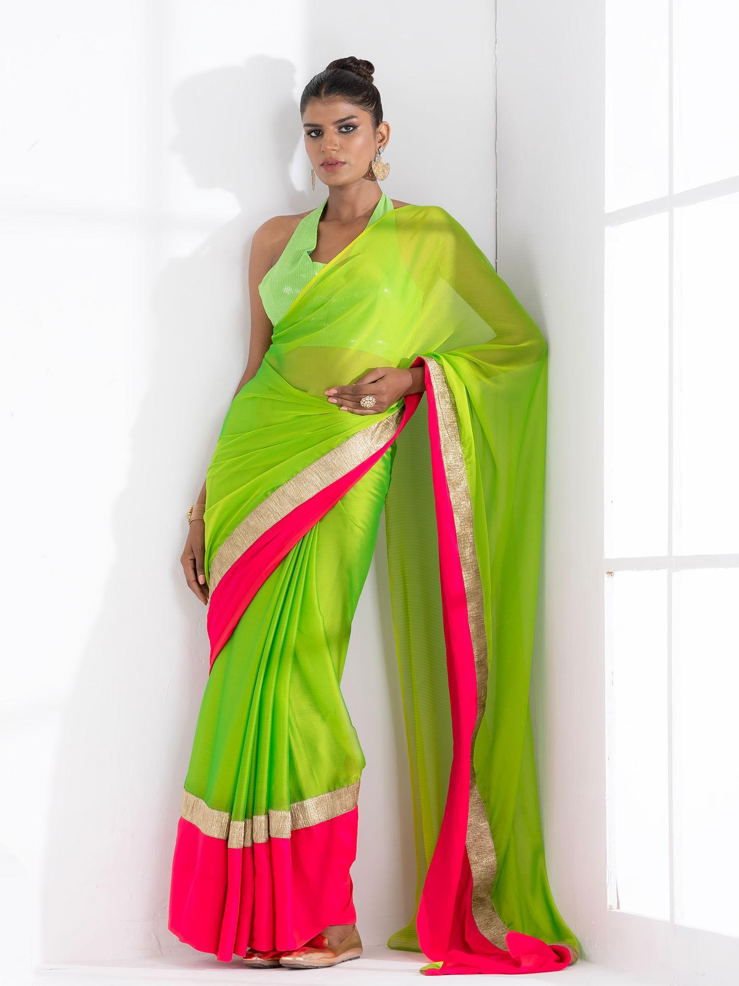 lime green chiffon & fuchsia satin saree with lace green unstitched blouse