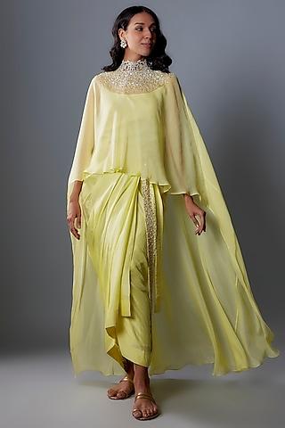 lime green chiffon sequins embroidered cape set