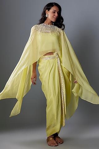 lime green chiffon sequins embroidered cape set