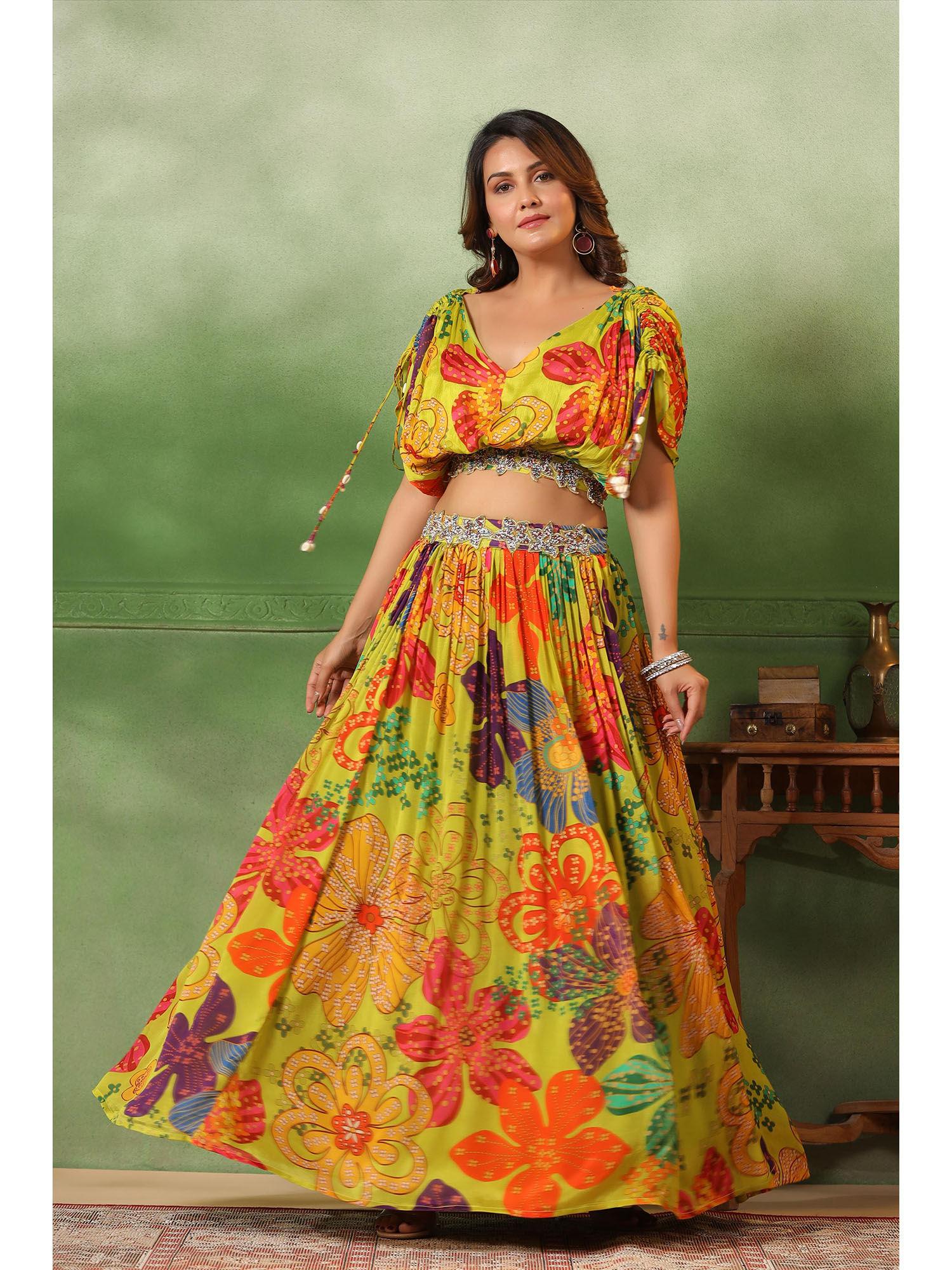 lime green chinon silk fusion lehenga with poncho blouse (set of 2)