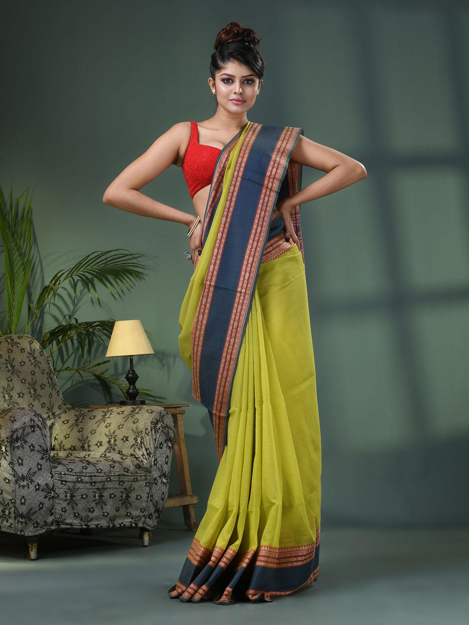 lime green cotton jacquard border handloom saree with unstitched blouse