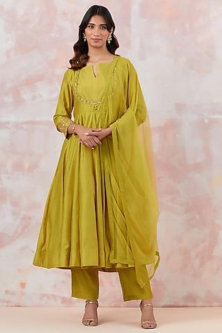 lime green cotton silk embroidered anarkali set