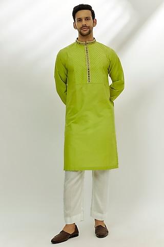 lime green cotton silk resham & thread embroidered kurta