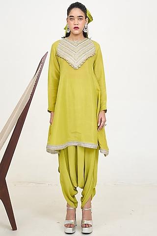 lime green crepe & chanderi silk cutwork kurta set