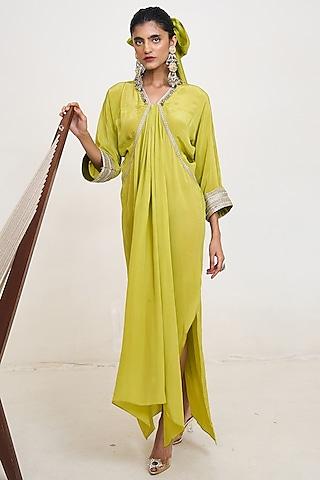 lime green crepe cutwork embroidered kaftan