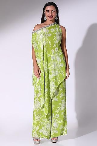 lime green crepe floral printed one-shoulder tunic set