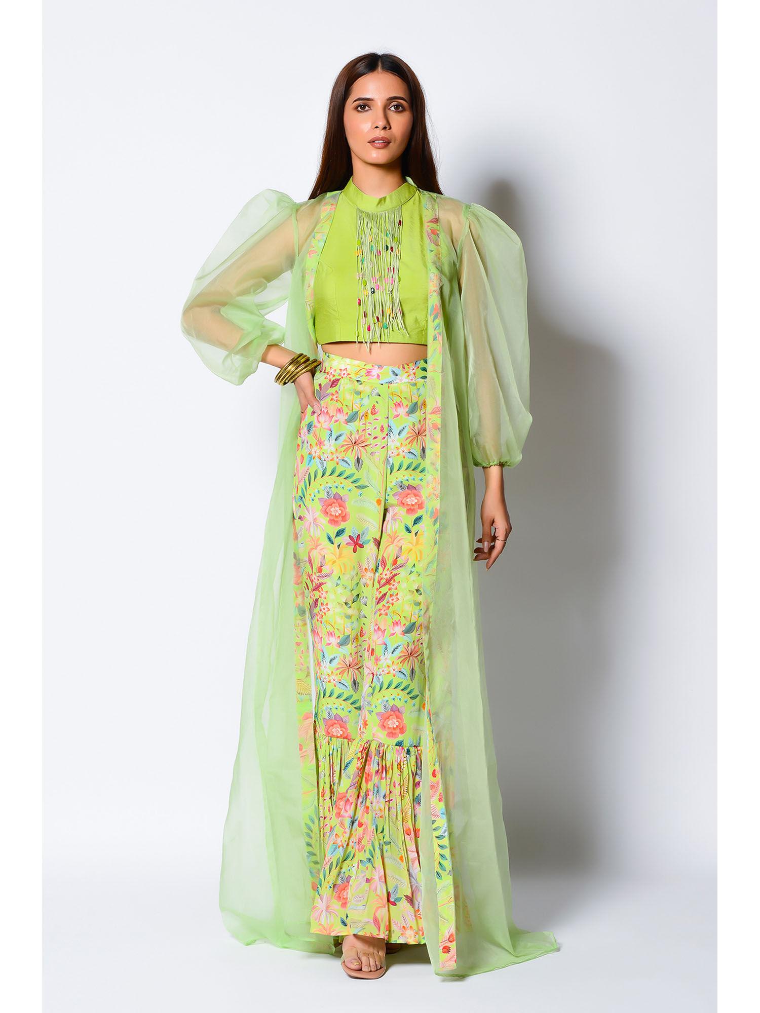 lime green crop top with cape & printed pant (set of 3)