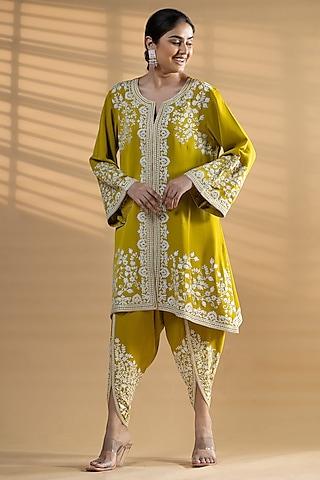 lime green double georgette zari embroidered kurta set