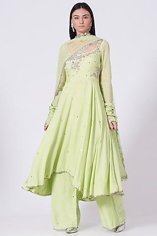 lime green embroidered anarkali set