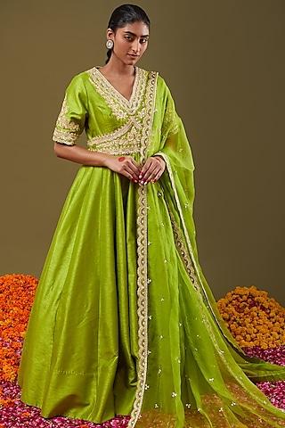 lime green embroidered anarkali set