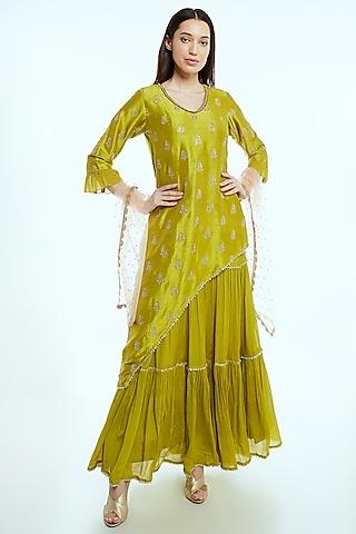 lime green embroidered anarkali with dupatta