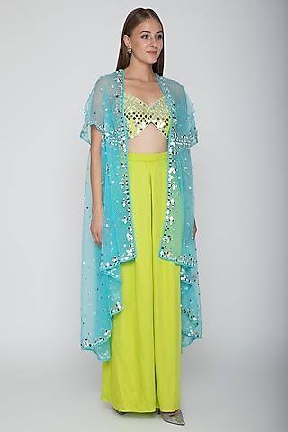 lime green embroidered blouse with palazzo pants & sky blue cape