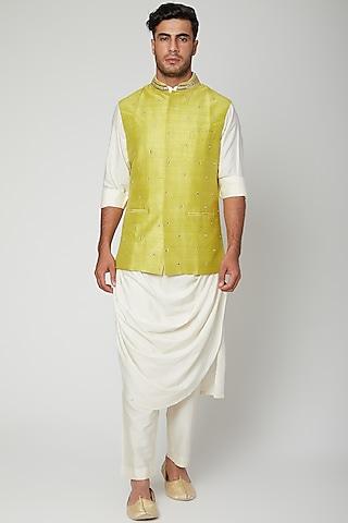 lime green embroidered bundi jacket with ivory kurta set