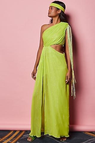 lime green embroidered draped dress