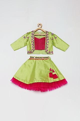 lime green embroidered jacket lehenga set for girls