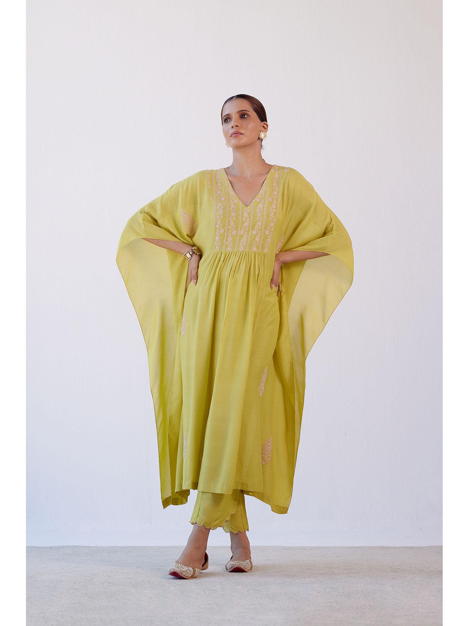 lime green embroidered kaftan and palazzo (set of 2)