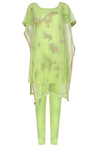 lime green embroidered kaftan style kurta set