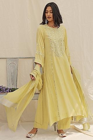 lime green embroidered kurta set