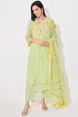 lime green embroidered kurta set