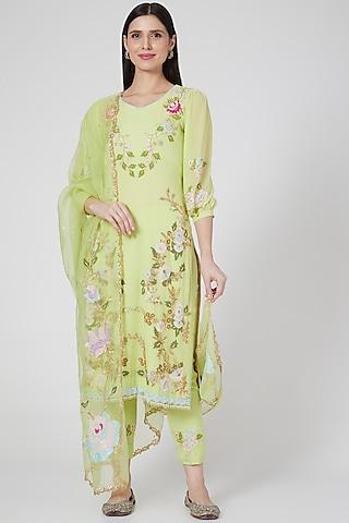 lime green embroidered kurta set