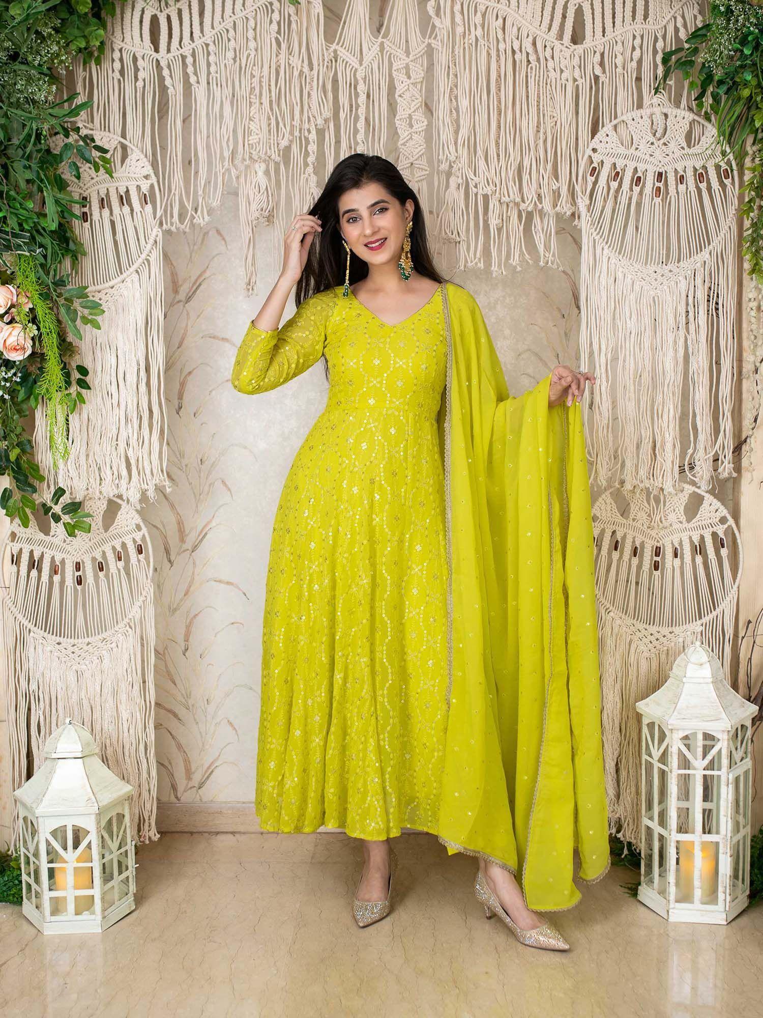 lime green embroidery anarkali (set of 3)