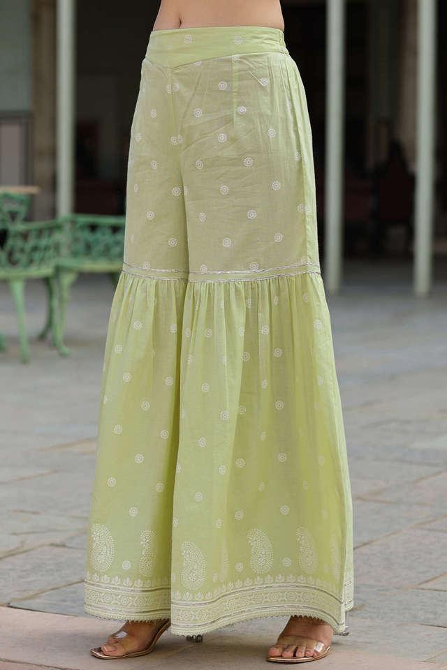 lime green ethnic motif print pure cotton lacy kurta sharara _ dupatta set with beads _ sequins work