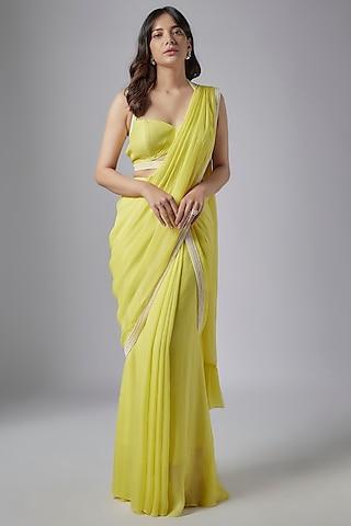 lime green flat chiffon pre-stitched saree set