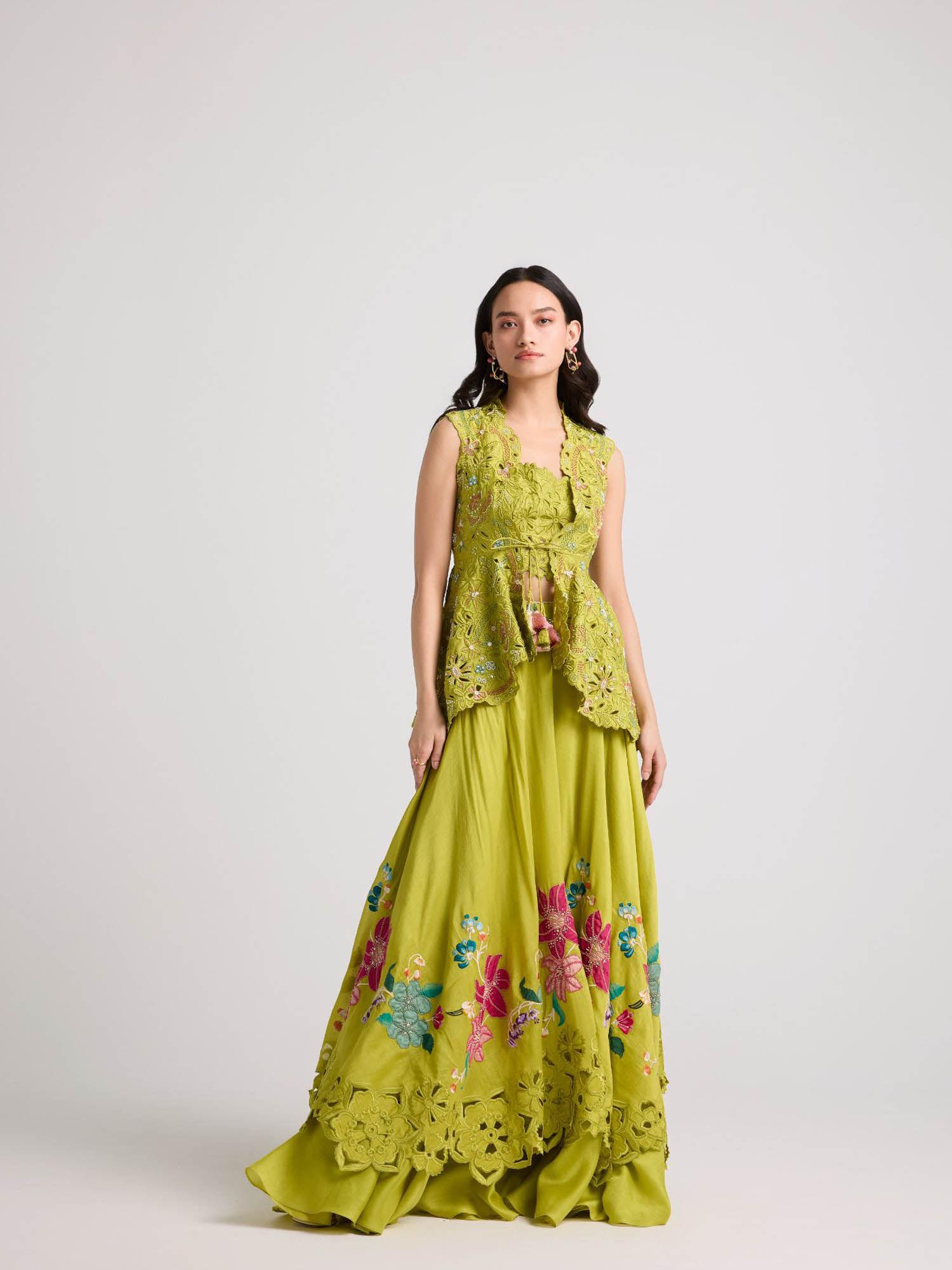 lime green floral applique layered skirt